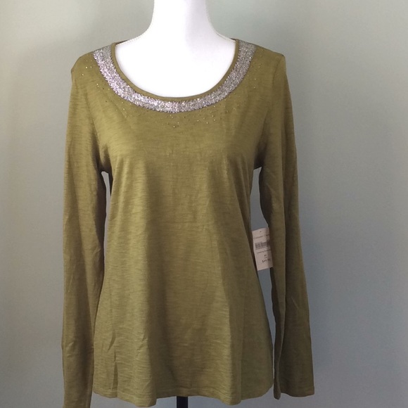 Coldwater Creek Tops - Green Beaded Neckline Long Sleeve Top